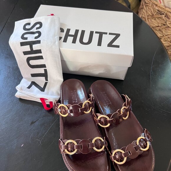 Schutz Selina Sandal Leather Chain Brown Size 7 New - Picture 2 of 4